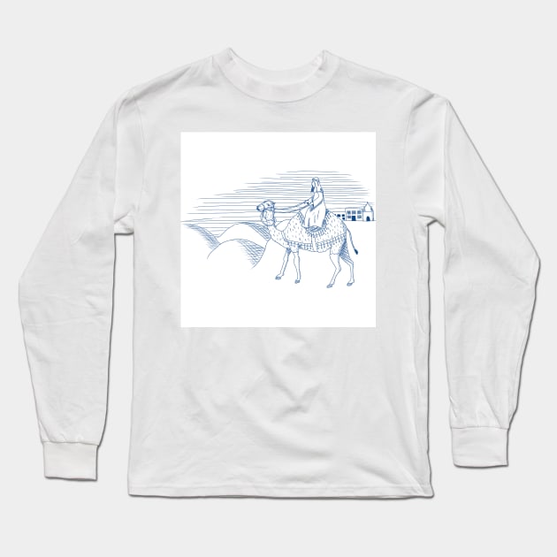 Camel and Rider in Desert in Navy Pen and Ink Long Sleeve T-Shirt by gloobella